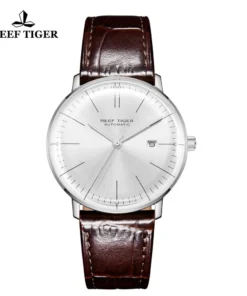 2020 Reef Tiger/RT Luxury Brand Ultra Thin Watch Men Steel Automatic Watches Waterproof Brown Leather Strap Clock RGA8215