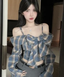 Zoki Off Shoulder Bow Plaid Shirt Women Long Sleeve Slim Vintage Blouse Sexy Cropped Korean Female Sweet Retro Tops New Spring