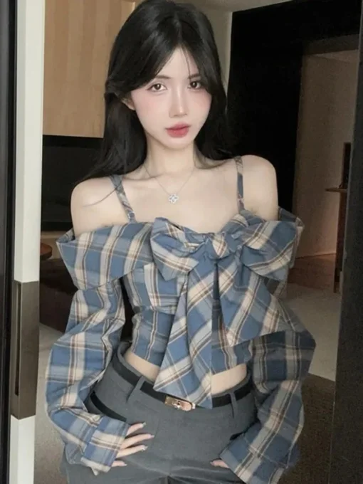 Zoki Off Shoulder Bow Plaid Shirt Women Long Sleeve Slim Vintage Blouse Sexy Cropped Korean Female Sweet Retro Tops New Spring