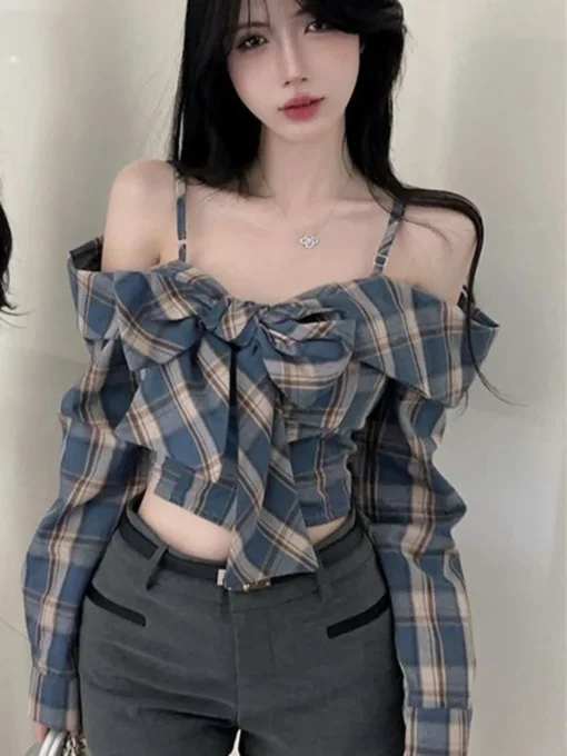 Zoki Off Shoulder Bow Plaid Shirt Women Long Sleeve Slim Vintage Blouse Sexy Cropped Korean Female Sweet Retro Tops New Spring - Image 6