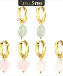 LUXUSTEEL Sweet Light Pink Green Natural Stone Hoop Earrings For Women Stainless Steel Anti Allergy Heart Oval Shape Ear Jewelry