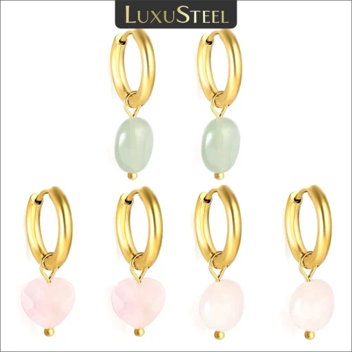LUXUSTEEL Sweet Light Pink Green Natural Stone Hoop Earrings For Women Stainless Steel Anti Allergy Heart Oval Shape Ear Jewelry