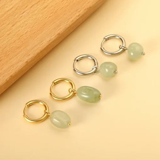 LUXUSTEEL Sweet Light Pink Green Natural Stone Hoop Earrings For Women Stainless Steel Anti Allergy Heart Oval Shape Ear Jewelry - Image 3