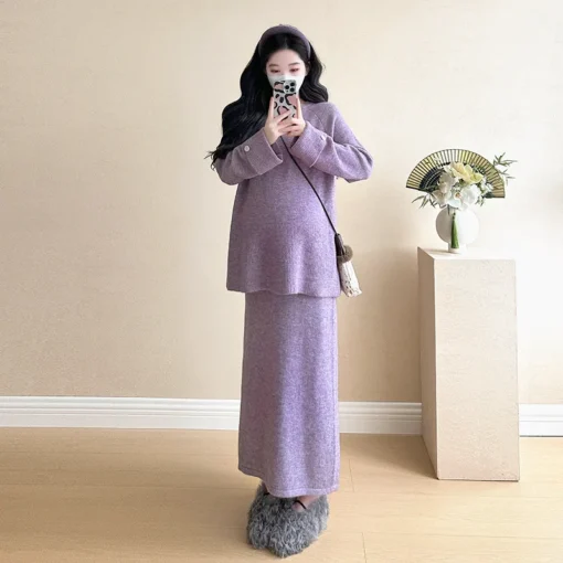 French Style Maternity Set Autumn New Lavender Knit Top with Matching Skirt Elegant Two Piece Outfit for Pregnant Women - Image 4