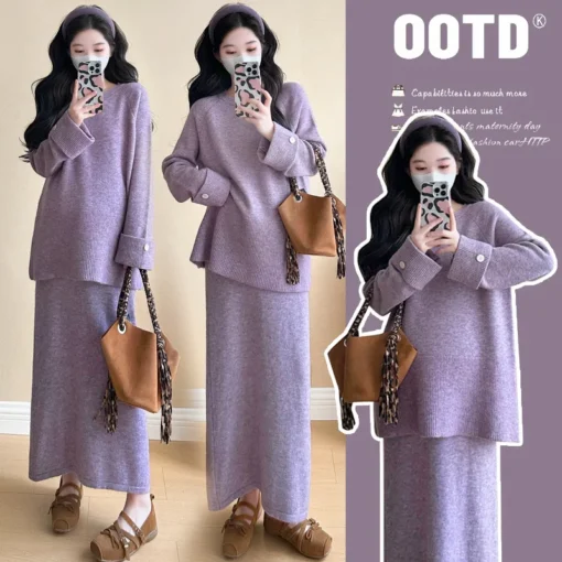 French Style Maternity Set Autumn New Lavender Knit Top with Matching Skirt Elegant Two Piece Outfit for Pregnant Women
