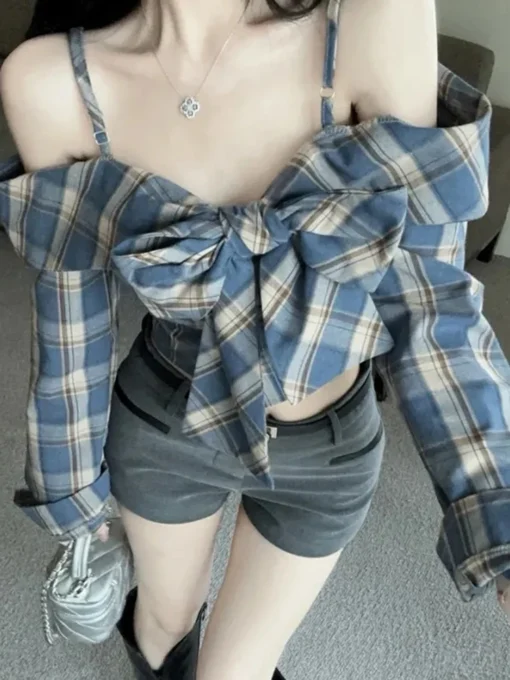 Zoki Off Shoulder Bow Plaid Shirt Women Long Sleeve Slim Vintage Blouse Sexy Cropped Korean Female Sweet Retro Tops New Spring - Image 4