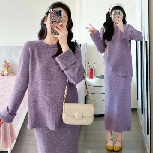 French Style Maternity Set Autumn New Lavender Knit Top with Matching Skirt Elegant Two Piece Outfit for Pregnant Women - Image 2