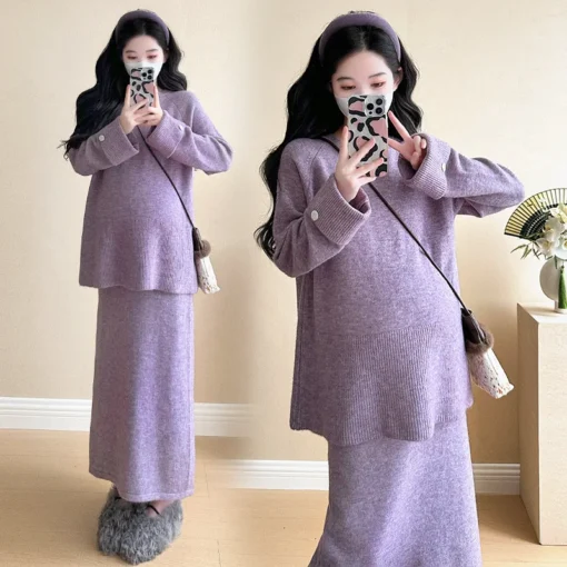 French Style Maternity Set Autumn New Lavender Knit Top with Matching Skirt Elegant Two Piece Outfit for Pregnant Women - Image 3