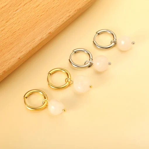 LUXUSTEEL Sweet Light Pink Green Natural Stone Hoop Earrings For Women Stainless Steel Anti Allergy Heart Oval Shape Ear Jewelry - Image 6