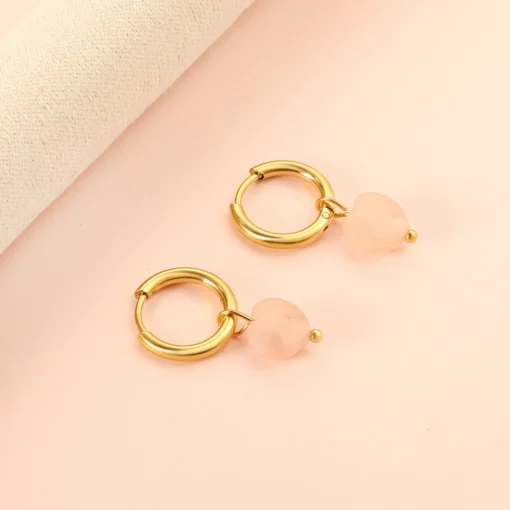 LUXUSTEEL Sweet Light Pink Green Natural Stone Hoop Earrings For Women Stainless Steel Anti Allergy Heart Oval Shape Ear Jewelry - Image 5