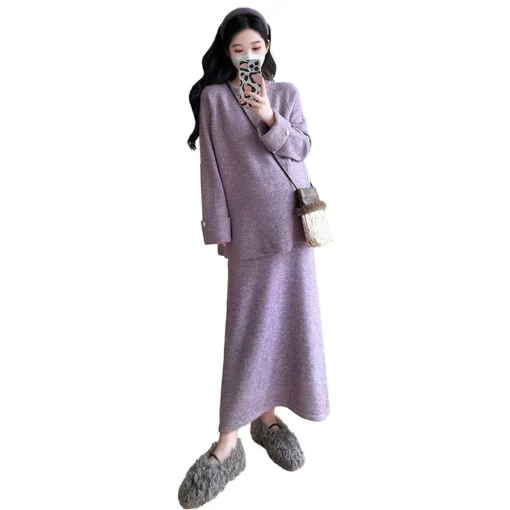 French Style Maternity Set Autumn New Lavender Knit Top with Matching Skirt Elegant Two Piece Outfit for Pregnant Women - Image 5