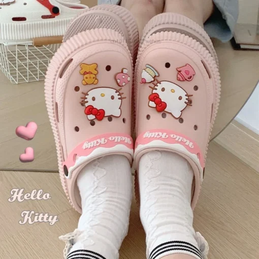 Sanrio Hello Kitty Cinnamoroll Melody Kuromi Cute Cartoon EVA Hole Shoes Y2k Women Casual Sandals Thick Sole Bathroom Slippers - Image 2