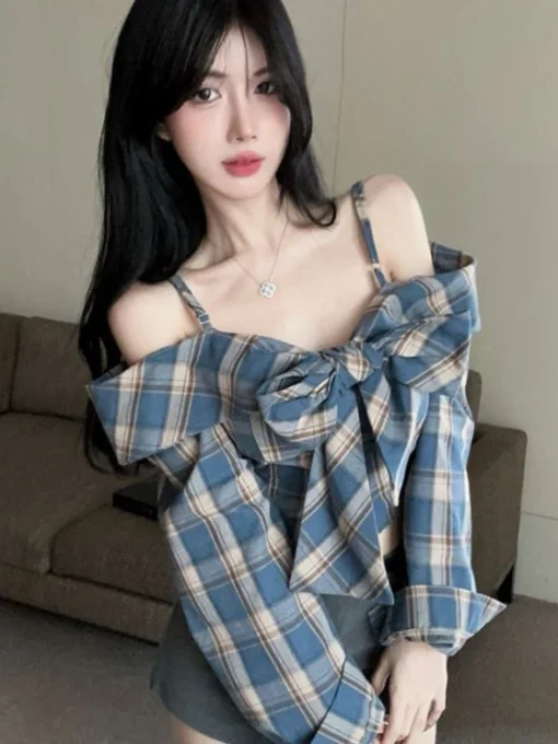 Zoki Off Shoulder Bow Plaid Shirt Women Long Sleeve Slim Vintage Blouse Sexy Cropped Korean Female Sweet Retro Tops New Spring - Image 2