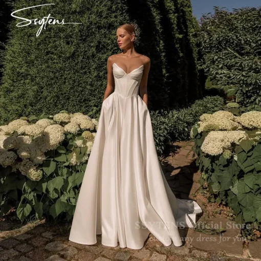 SSYTENS Elegant Satin Wedding Dresses A-Line Lace Up Back Chic Bride Party Gowns Women Sleeveless Civil Bridal Gowns Customized